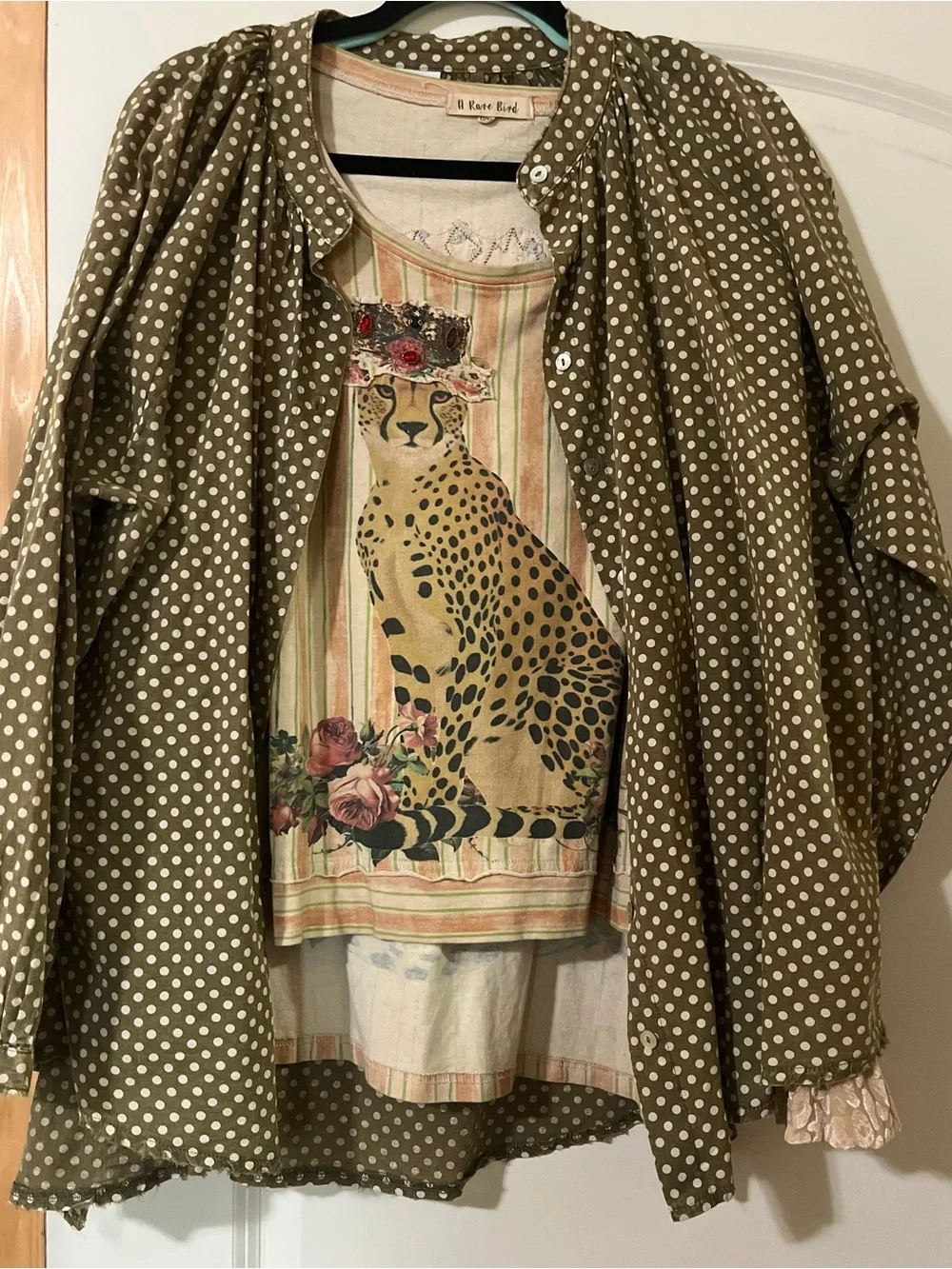 Jaded Gypsy oversized olive green white polka-dots versatile. Boho Raw Hems OS - Picture 9 of 10